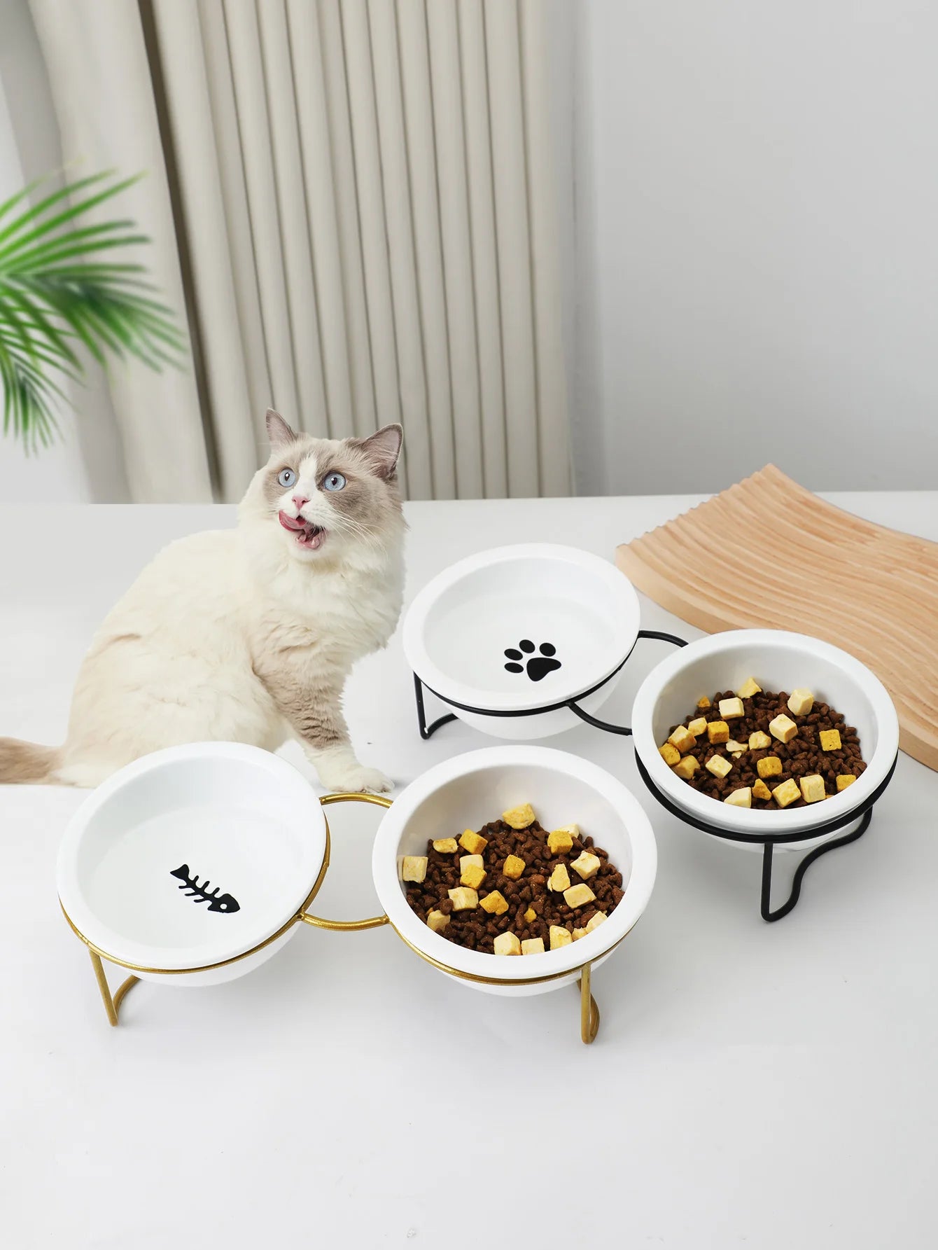 1 Set Elevated Ceramic Cat Bowls 1 Set Non-Slip Ceramic Cat Food And Water Bowls With Iron Bracket, Elevated Tilted Cat Feeder